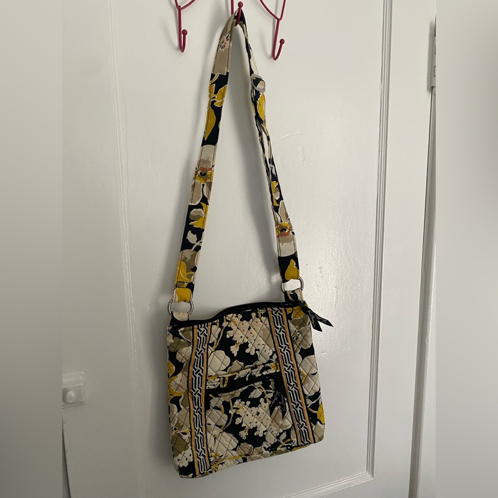 Vintage Vera Bradley Black, Yellow and Cream Floral Quilted Crossbody Bag